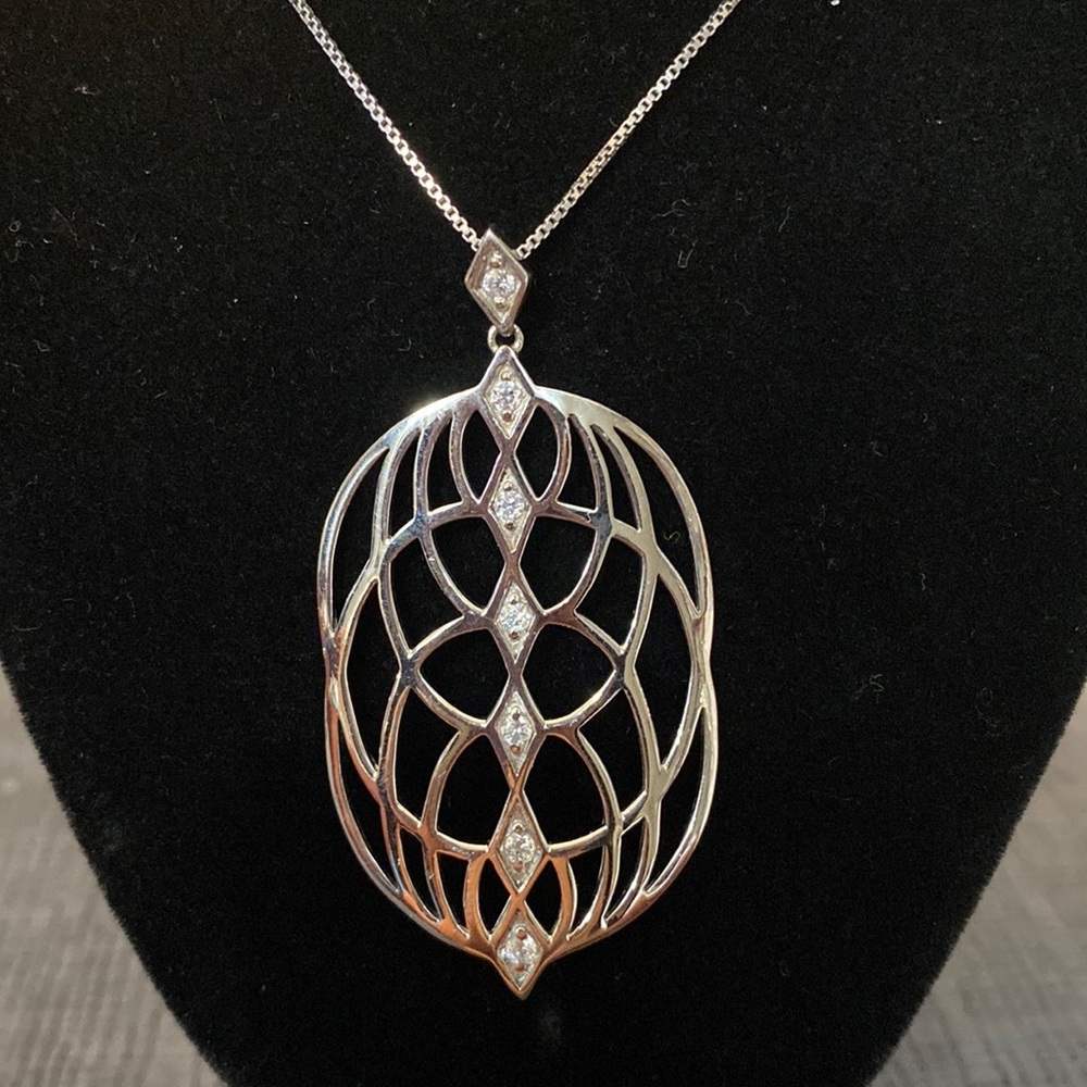 Vintage Sterling Silver & CZ Lattice Pendant Necklace